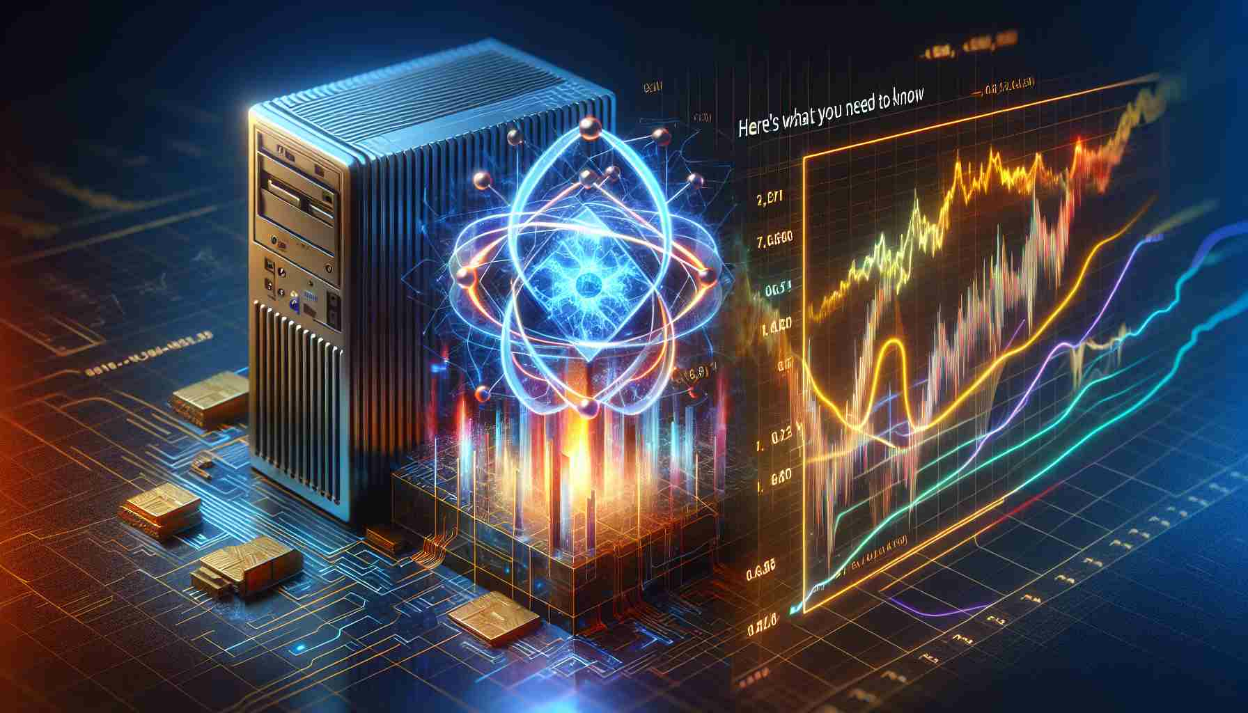 Depict a high-resolution, realistic image that symbolizes the concept of 'Quantum Computing Stocks in Trouble'. Perhaps you could represent 'Quantum Computing' with a futuristic computer or an abstract quantum symbol, and 'Stocks in Trouble' with a stock market chart showcasing a sharp decline. Include text in the image reading, 'Here's What You Need to Know', perhaps as part of a news headline or article title.