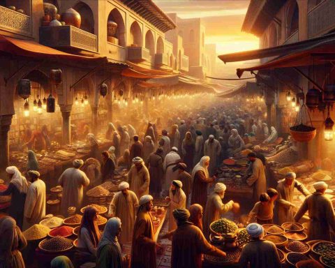 A realistic, high-definition image of a bustling market scene in Morocco. The atmosphere is charged with excitement and energy, encapsulating the drama of a busy trading day. Vendors of different genders and descents, such as Middle-Eastern and Caucasian, man stalls overflowing with a variety of goods: spices, textiles, ceramics, and more. Customers haggle and bargain under the warm ochre glow of the market lights while children weave in and out of the crowd. The air is filled with the melding aromas of exotic spices and the sounds of animated negotiation.