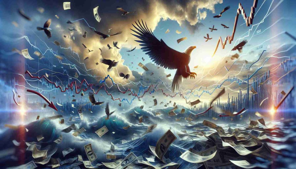 A realistic, high-definition image set in a metaphorical context of the stock market chaos. Pictorial representation of an unlikely 'champion' metaphorically soaring above the turbulence. The atmosphere should be filled with varying emblems of financial uncertainty, such as falling graphs and stock market ticker tapes, with explicit unpredictability and tension. In stark contrast, show the 'underdog' symbolized as a majestic and resilient bird, rising wonderfully above the chaos, towards the sky filled with golden sunlight, symbolizing hope and triumph.