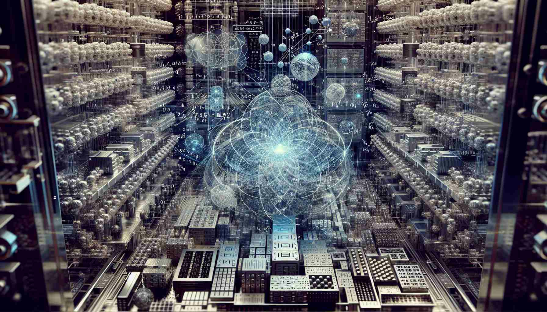 A highly detailed, realistic image depicting the concept of Quantum Simulators and their revolutionary effect on our understanding of physics. The scene shows numerous complex scientific hardware, clusters of quantum bits or 'qubits', and intricate patterns of numbers and symbols that represent quantum calculations. This scene is framed by the unseen laws of physics emerging into view, visualized as semi-transparent geometric shapes and formulas, interfacing with and shaping the quantum simulations.