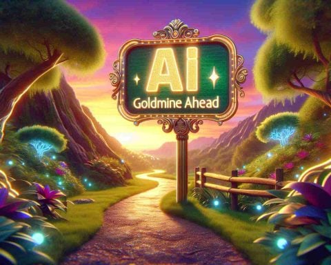 A high-definition, realistic illustration showcasing a scene bearing the theme of 'AI Goldmine Ahead'. On a meandering path, there is a sign that artistically displays the words 'AI Goldmine Ahead'. The path is surrounded by lavish greenery and the backdrop consists of a vibrant setting sky. The signpost emits a glow, symbolizing an epic opportunity not to be missed, with the glow illuminating the surrounding area creating an enticing atmosphere inviting observers to continue along the path.