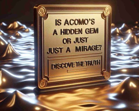 Generate a realistic HD image of a physical illustrated article title reading 'Is Acomo’s Stock a Hidden Gem or Just a Mirage? Discover the Truth'. The title is engraved on a gold plaque placed against a shimmering mirage-like background. Additional subtle elements can include some synonymous graphical representations of stocks, gems, and mirages.