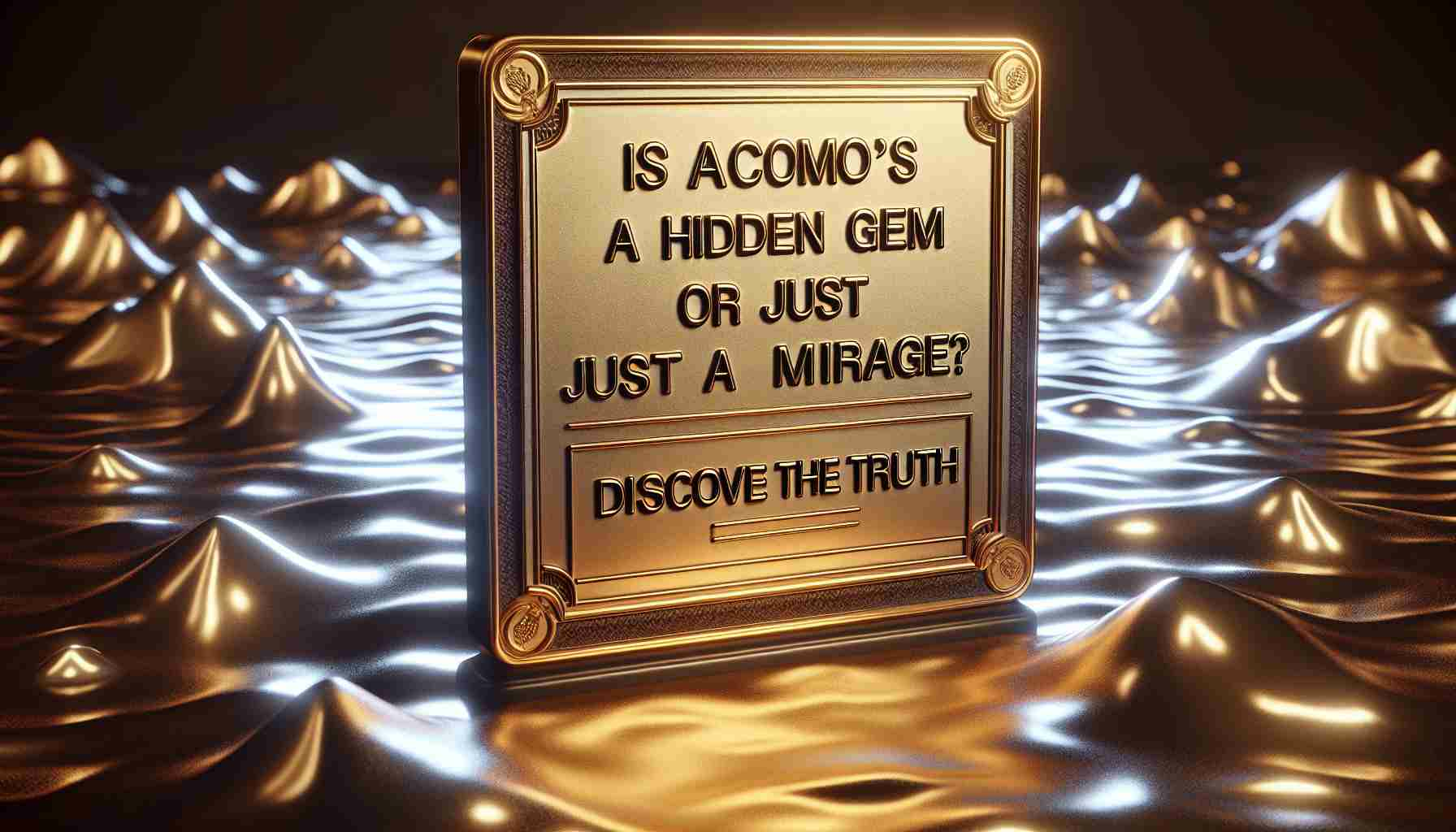 Generate a realistic HD image of a physical illustrated article title reading 'Is Acomo’s Stock a Hidden Gem or Just a Mirage? Discover the Truth'. The title is engraved on a gold plaque placed against a shimmering mirage-like background. Additional subtle elements can include some synonymous graphical representations of stocks, gems, and mirages.