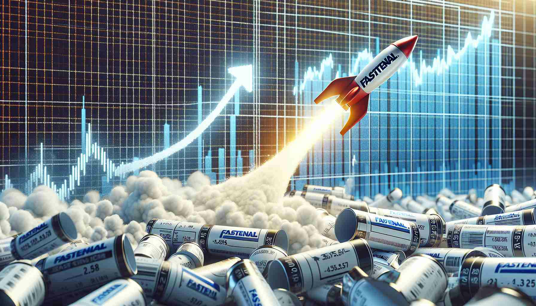 Detailed realistic picture portraying the concept of Fastenal stock soar. A rocket in full thrust, symbolizing the surge, is launching from a sea of paper stocks with Fastenal written on them. Depict a graph with an upward trend in the background, indicating positive market movements. The scene showcases a positive financial and investment atmosphere.