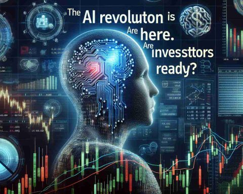 A high-definition, realistic image depicting the concept of the AI Revolution in relation to stock investment. The image should include symbols of stocks such as charts, graphs, and a ticker tape, along with symbols representing artificial intelligence such as a brain circuit or a humanoid figure made of code. The text 'The AI Revolution Is Here. Are Investors Ready?' should be prominent and clearly visible in the image.