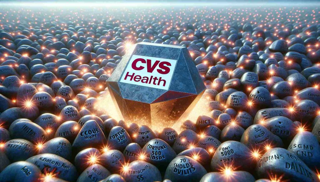 Create a realistic high-definition image representing the concept that CVS Health could be considered an overlooked valuable asset among Fortune 500 companies paying dividends. The image can show a giant gem with 'CVS Health' written on it, located in a crowd of stones, each stone represents a Fortune 500 company. The stone should not literally depict the company's logo but it can subtly hint at their industry or identity. Some of these stones have sparks symbolizing dividends. The viewer should be surprised and intrigued at discovering the hidden gem.