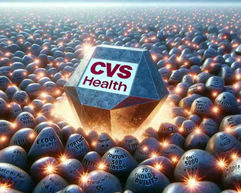 Create a realistic high-definition image representing the concept that CVS Health could be considered an overlooked valuable asset among Fortune 500 companies paying dividends. The image can show a giant gem with 'CVS Health' written on it, located in a crowd of stones, each stone represents a Fortune 500 company. The stone should not literally depict the company's logo but it can subtly hint at their industry or identity. Some of these stones have sparks symbolizing dividends. The viewer should be surprised and intrigued at discovering the hidden gem.