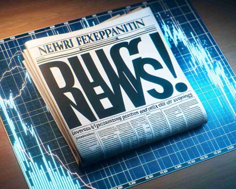 Generate a hyper-realistic high definition conceptual image. The scene unfolds a newspaper with large, bold typeface headlined 'Big News!'. However, a graph with falling lines in the background hints at an unusual scenario where investors are selling off their shares. The contrast between the title euphoria and the graph's reality is stark, suggesting a deeper storyline.