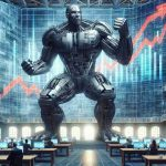 Create a realistic HD image representing the concept of a new company entering the stock market. The image should depict a large, powerful, metaphorical giant made of steel and circuits, signifying an engineering firm. In the backdrop, show a bustling stock exchange with screens displaying increasing stock charts. The excitement and anticipation of the new IPO should be evident in the scene.