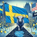 Generate an image depicting the concept of a Swedish fintech company choosing Wall Street. This could be represented by a metaphorical pathway leading from a representation of Sweden (perhaps a flag or notable landmark) to Wall Street (represented by its iconic building or the Charging Bull statue). Include elements that suggest this choice's impact on the global fintech industry, such as different countries' flags intermingling, or currency symbols floating around.