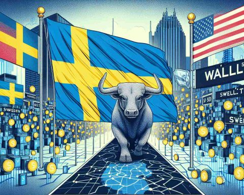 Generate an image depicting the concept of a Swedish fintech company choosing Wall Street. This could be represented by a metaphorical pathway leading from a representation of Sweden (perhaps a flag or notable landmark) to Wall Street (represented by its iconic building or the Charging Bull statue). Include elements that suggest this choice's impact on the global fintech industry, such as different countries' flags intermingling, or currency symbols floating around.