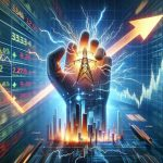 Visualize a high-definition realistic image representing the concept of a sudden jolt in the market. Include elements like an ascending arrow, graphical charts indicating growing stocks and the logo of a fictional energy company that is causing this surge. This surge should be illustrated dramatically as though implying a triple-digit growth. Emphasize the excitement and speculation surrounding this event. Reminder: this is a conceptual representation of market dynamics and is not based on any real event or company.