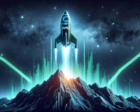 Create a highly-detailed image representing the concept of the stock for Advanced Micro Devices (AMD), a company known for its influence in the technology sector, rising in value. This can be illustrated by a visual metaphor of a spacecraft, symbolizing Astro Stocks, ascending into the cosmos. The spacecraft should bear the company's emblem or logo and be portrayed as successfully scaling the heights of a symbolic stock market mountain.