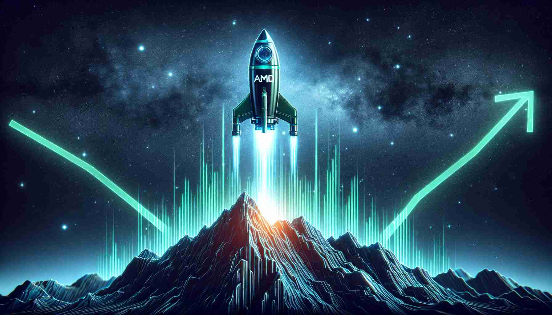 Create a highly-detailed image representing the concept of the stock for Advanced Micro Devices (AMD), a company known for its influence in the technology sector, rising in value. This can be illustrated by a visual metaphor of a spacecraft, symbolizing Astro Stocks, ascending into the cosmos. The spacecraft should bear the company's emblem or logo and be portrayed as successfully scaling the heights of a symbolic stock market mountain.