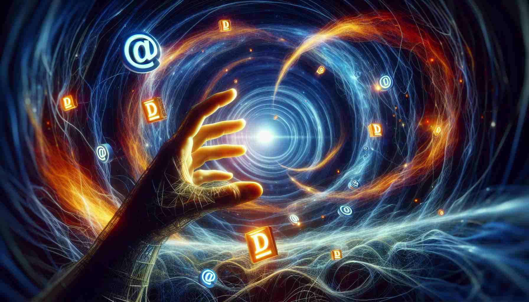 Create a high-definition, surreal image that embodies the concept of 'grabbing the internet by the domain'. This image should express a successful business strategy, as if enacted by a seasoned investor, without depicting any real people. Visual elements could include a metaphorical hand reaching out to seize glowing domains (as symbolic representations of internet websites) amongst a swirling vortex of digital data streams.