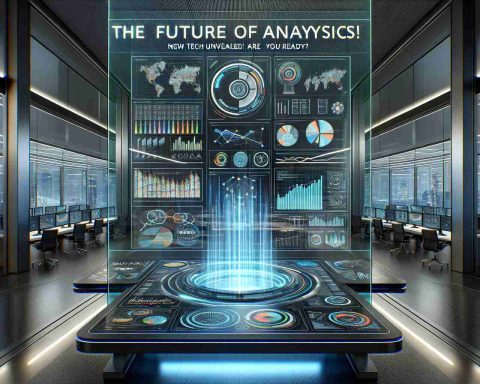 Consider an image that depicts the future of analytics. The scene takes place in a technologically advanced environment, possibly a modern office with sleek glass walls adorned with holographic display screens showcasing charts, graphs and data sets. At the center of it all, there's a new tech device - perhaps a tabletop device or wearable tech - which represents MicroStrategy's new analytics technology. Digital text hovers around the scene that says, 'The Future of Analytics: New Tech Unveiled! Are You Ready?' The image should appear realistic and in high definition.