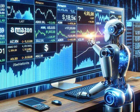 Create a highly-detailed, realistic image that depicts the concept of Amazon's stock values experiencing significant fluctuations. The scene could include a stock market trading dashboard showing Amazon's ticker symbol 'AMZN', with the graphs and numbers depicting either surging or stalling trends. Also include an anthropomorphized representation of AI, possibly as a futuristic robot, manipulating or analyzing the dashboard, signifying the decisive role of AI in influencing these trends.