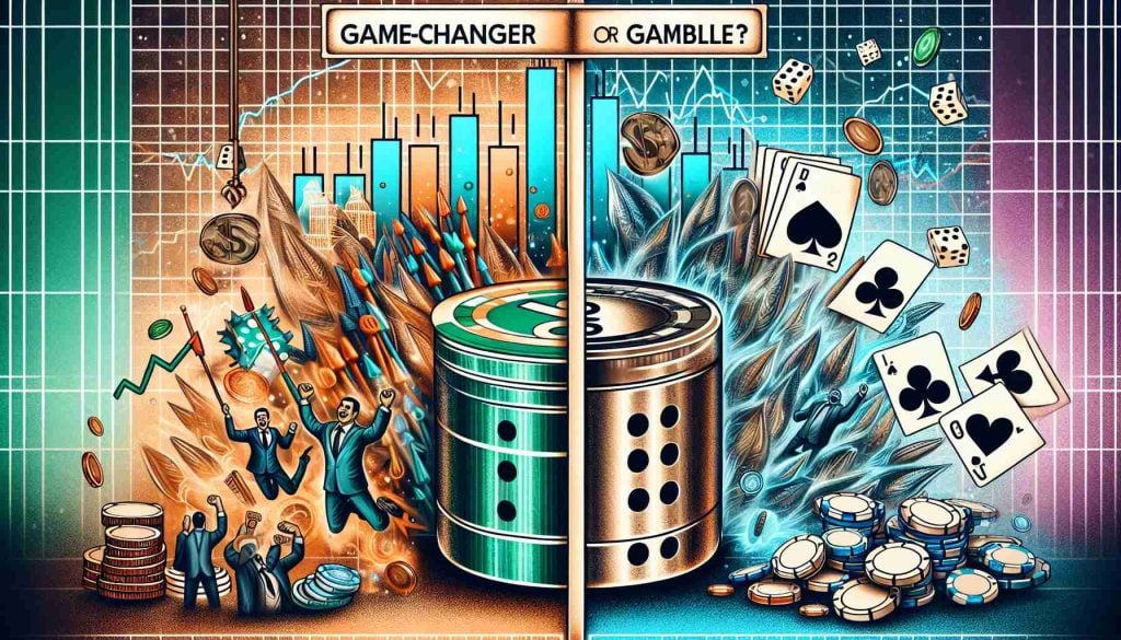 An illustrative image reflecting the concept of 'Game-Changer or Gamble?' related to IPOs. It's a high-resolution image with two contrasting halves. On one half, bring out the theme of 'Game-Changer' with images of a positive stock market environment, with financial charts showing positive growth, investors celebrating, etc. On the other half, depict the 'Gamble' aspect with dice, playing cards, or other imagery commonly associated with gambling risk, juxtaposed against a backdrop of turbulent or falling stock market charts. These two half images are against a backdrop of a wire coil to represent Bansal Wire Industries.