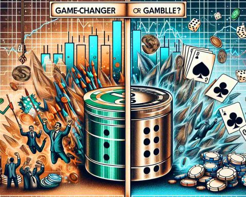 An illustrative image reflecting the concept of 'Game-Changer or Gamble?' related to IPOs. It's a high-resolution image with two contrasting halves. On one half, bring out the theme of 'Game-Changer' with images of a positive stock market environment, with financial charts showing positive growth, investors celebrating, etc. On the other half, depict the 'Gamble' aspect with dice, playing cards, or other imagery commonly associated with gambling risk, juxtaposed against a backdrop of turbulent or falling stock market charts. These two half images are against a backdrop of a wire coil to represent Bansal Wire Industries.