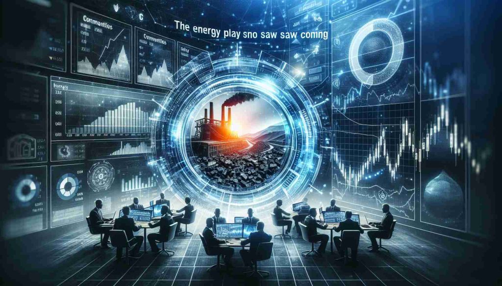 An illustration of a financial concept showcasing an unexpected strategy in the energy sector. Represent investors taking advantage of new opportunities in the coal industry, with a futuristic touch. The scene should be full of energy-related motifs, like a coal mine, stocks and commodities charts, financial data flowing on screens, and investors studying these patterns. Make it seem like a realistic, high-definition photo. Please include in the image text: 'The Energy Play No One Saw Coming - How Investors Are Gaming the Future of Coal.'