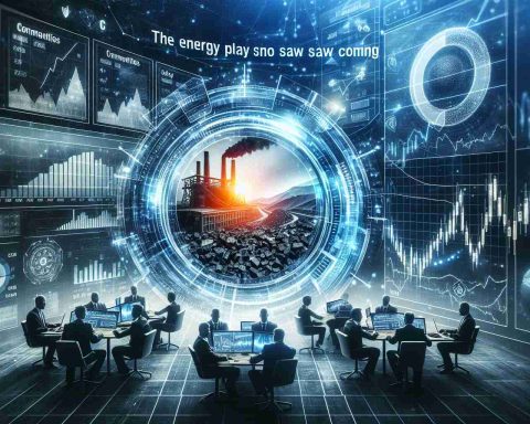 An illustration of a financial concept showcasing an unexpected strategy in the energy sector. Represent investors taking advantage of new opportunities in the coal industry, with a futuristic touch. The scene should be full of energy-related motifs, like a coal mine, stocks and commodities charts, financial data flowing on screens, and investors studying these patterns. Make it seem like a realistic, high-definition photo. Please include in the image text: 'The Energy Play No One Saw Coming - How Investors Are Gaming the Future of Coal.'