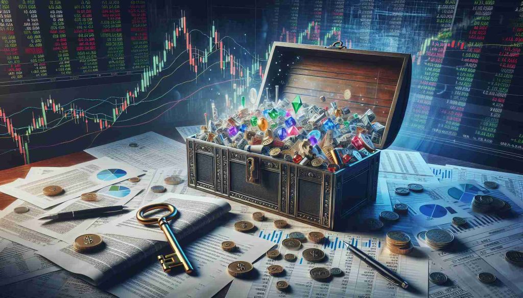 Realistic high-resolution image that visualizes the concept of tapping into hidden investment opportunities within the current stock market. The picture could include a symbolic key unlocking a chest full of stocks and financial instruments, representing undiscovered wealth. The chest can be sitting on a table scattered with financial reports and diagrams, perhaps an up-to-the-minute ticker running in the background, to emphasize the 'today's' part of the concept.