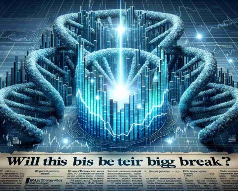 A conceptual illustration depicting the idea of biotechnology company Maze Therapeutics contemplating stock market entry. The scene shows a complex maze made of DNA double helix structures, at the centre of which lies a glowing 3D graph representing the stock market. Including an overlay with newspaper-style headlines reading 'Will This Be Their Big Break?'