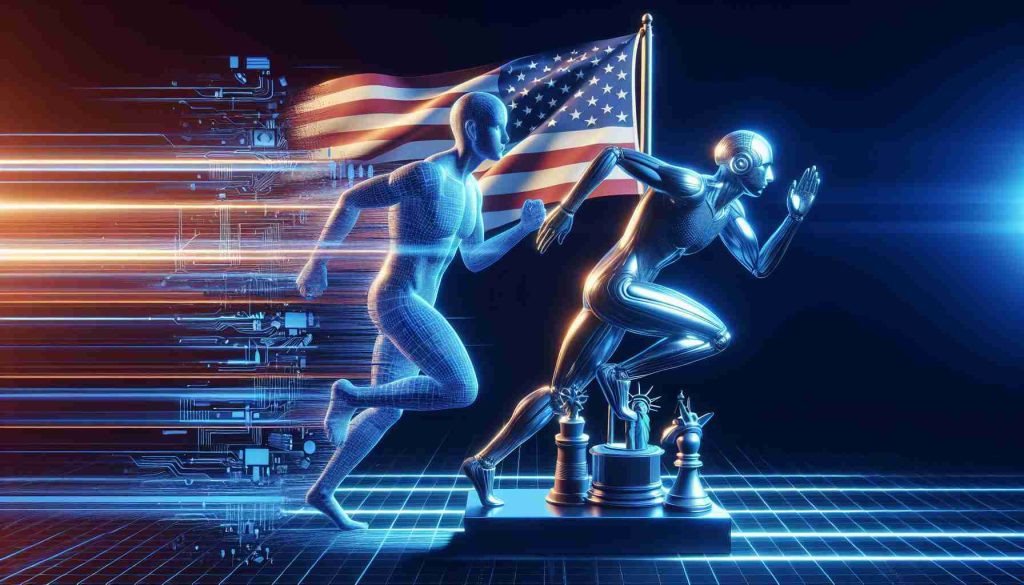 A high-definition, realistic illustration of a figurative representation of 'America' in a race with 'Artificial Intelligence'. 'America' can be symbolized by iconic symbols such as the American flag or the Statue of Liberty. 'Artificial Intelligence' can be symbolized by elements like a robot or a futuristic computer. The image should capture a sense of uncertainty regarding the outcome of the race and effectively represent the metaphorical question - 'Is America Losing the AI Race?'