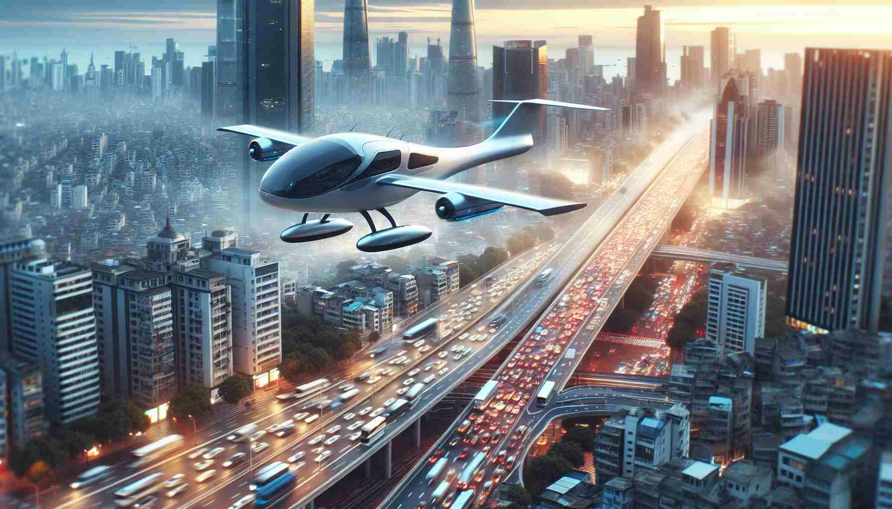 In high-definition, imagine a scene which showcases an advancement in urban transport through air mobility. Perhaps there is a new type of light, compact aircraft, looking sleek and futuristic against a backdrop of a bustling metropolis. Passing over traffic-filled streets, the aircraft signals a shift in the era of urban travel, highlighting the idea of daily commutes transformed into an aerial journey, thus reshaping the concept of urban transport.