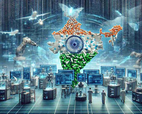 An interpretation in realistic high-definition of Granules India incorporating artificial intelligence; envision a futuristic scene of the pharmaceutical industry. Foreground includes advanced robots and machines working on medical concoctions, with multiple screens displaying complex data. The background could show a geographical representation of India comprised of flowing data and code to signify its digital progression.