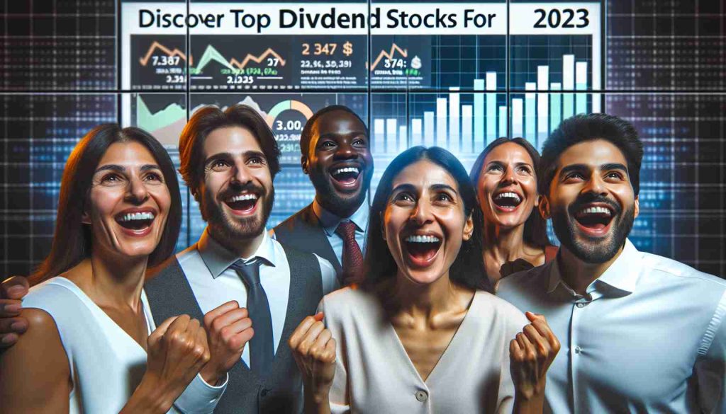 An HD image displaying the scene of a group of diverse investors celebrating. The group consists of a Middle-Eastern woman, a Hispanic man, a Black woman, and a South Asian man, showing happiness and excitement about their investment decisions. The background displays a sizable screen showing the headline 'Discover Top Dividend Stocks for 2023' along with positive chart graphics indicative of a successful year for investments.