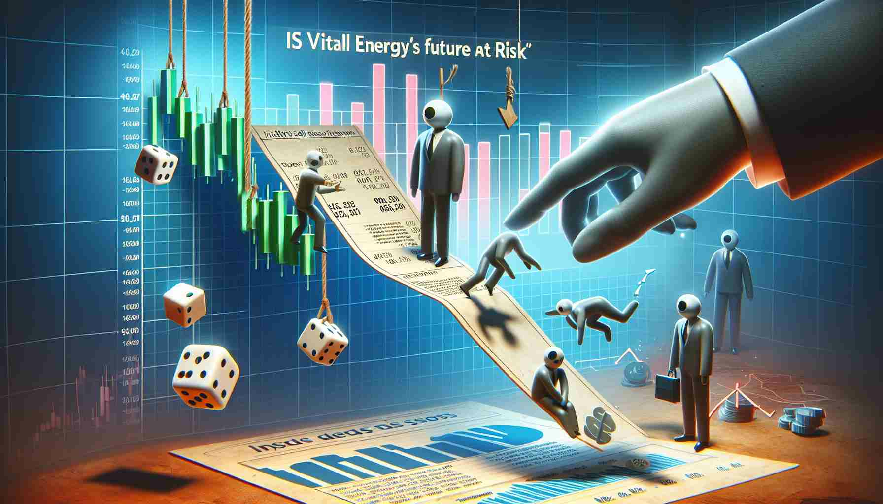 Generating a realistic, high-definition image associated with the concept of 'is vital energy's future at risk'. Please include a representation of financial uncertainty, such as charts showing downward trends or symbols of risk, such as dice or a tightrope. To represent the 'insider sells raise eyebrows' aspect, include subtle symbolism such as falling pieces of paper to indicate selling, and a nearby onlooker indicating surprise or concern.