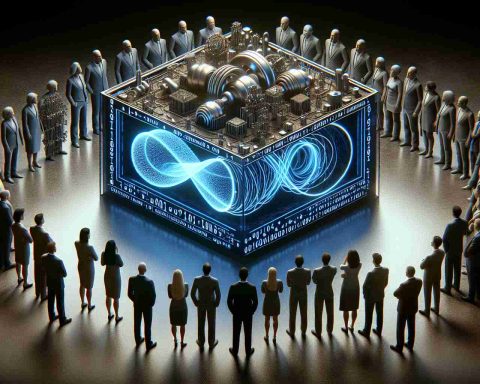 Detailed and realistic high-definition image featuring a symbolic representation of quantum computing. The concept is visually depicted as the 'next big thing' with symbolic elements like futuristic machinery, complex algorithms, or binary codes. The scene also signifies investors watching closely, represented by a group of diverse individuals with discerning expressions, peering into a digital screen or holograph showcasing the quantum computing. Gender, descent and age should be varied among these individuals to signify an inclusive tech community.