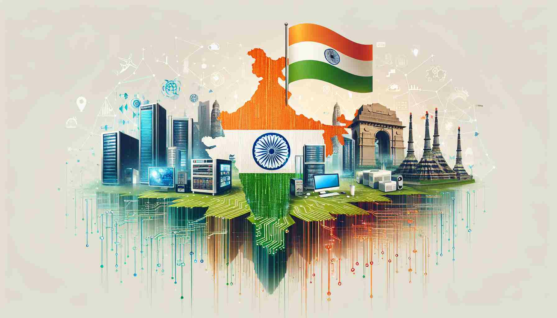 Create a high-definition, realistic image representing the theme 'The Untold Story: India's Data Science Revolution and how it's shaping global futures'. This image could feature various elements representing India: its flag, iconic landmarks, maybe a supercomputer or a data flow chart to symbolize data science. The image should also give a sense of forward momentum or future innovations, perhaps through graphic elements suggesting technology or progress.