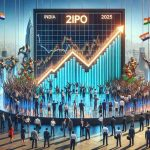 Create a high-definition, realistic image that symbolically represents India's IPO fever possibly breaking records in 2025. The image should depict signs of phenomenal growth like a graph with an upward trend, exciting business environment full of energetic people from diverse gender and racial backgrounds such as Caucasians, Black, Hispanic, South Asian, Middle-Eastern and so forth, and vibrant financial activity. Also include the year 2025 prominently displayed to indicate the time period.