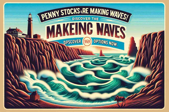 Create a high-definition realistic image of a coastal scene with waves crashing against the shore. Imposed on this image is bold, eye-catching text that reads, 'Penny Stocks Are Making Waves! Discover the Best Options Now.'