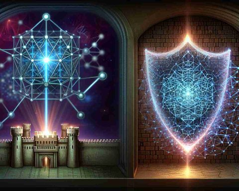 A detailed illustrative image representing Solana's plan against Quantum threats. The scene features a symbolic representation of quantum computing threats, possibly portrayed as intricate, glowing geometrical patterns or abstract manifestations. This is contrasted with Solana's plan, embodied by a metaphorical shield or fortress, created of firmly interlaced code strings or blockchain links, emitting a radiant light suggesting security and resilience. All these elements are presented in a high-definition, realistic style.