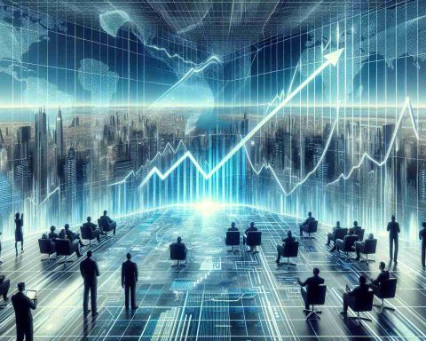 A high-definition, realistic image depicting a metaphorical visualization of Amazon stock soaring. Set the scene in an abstract stock market with expansive skylines stretching into the horizon. Show an ascending graph to indicate the skyrocketing trend, with excited investors gathered around observing and discussing. The time period is the futuristic year 2025, so incorporate elements of technology and futurism. Please note the image is not referring to the ecommerce company, but instead represents a conceptual scenario.