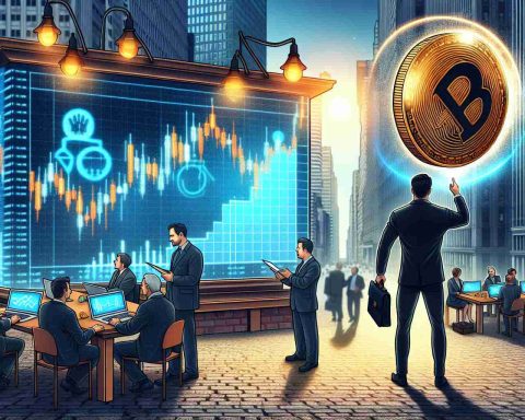 Create a realistic HD illustration of the metaphorical concept of cryptocurrency platform, Coinbase, having an influence on Wall Street. The image can showcase a symbolic entity representing Coinbase challenging traditional banking tools while financial analysts in the background discuss the potential future scenarios based on their predictions. Ensure the scene still maintains the hustle and bustle typical of a Wall Street environment.