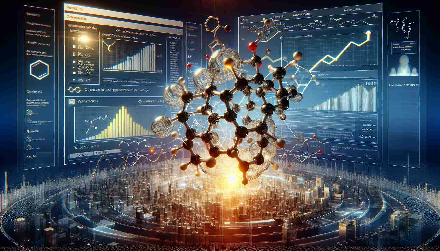 Generate a realistic, high definition image representing the concept of the future of chemical software. Show dynamic visual elements such as a 3D model of a complex molecular structure being altered by the use of advanced software tools. Let the software interface be sleek, modern, and feature a variety of tools and functions. Additionally, depict a graphical component representing market trends in the world of chemical software. It should feature upward-trending line graphs and statistics, indicating positive growth and innovation in the field. The mood of the image should be optimistic and futuristic.