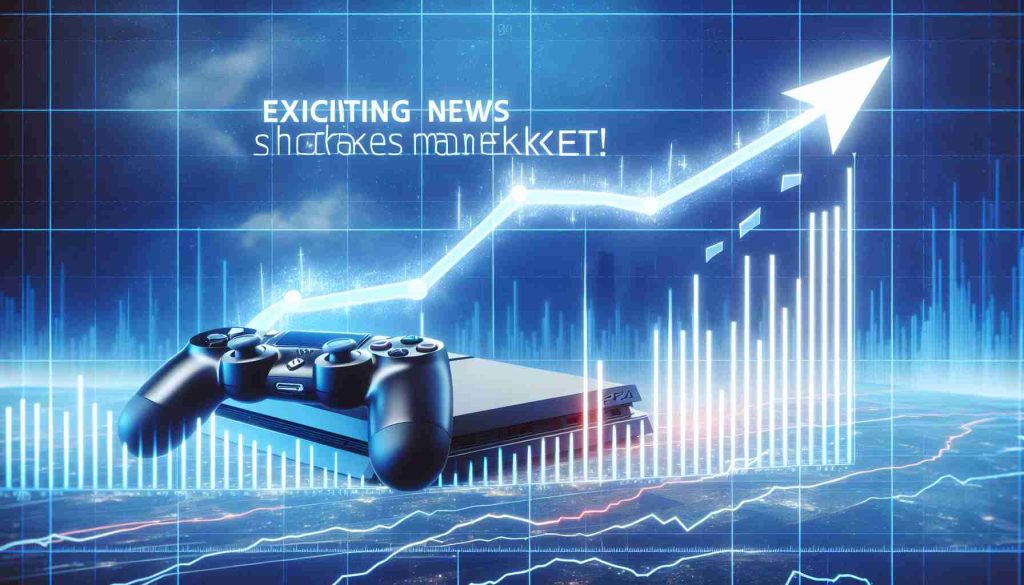 A realistic, high definition snapshot represents a stock market graph skyrocketing. The title of the image reads 'Exciting News Shakes the Market!'. A stylized version of a new generation game console is subtly incorporated in the graph itself. The backdrop features different shades of blues, indicating both the sky and financial prowess.