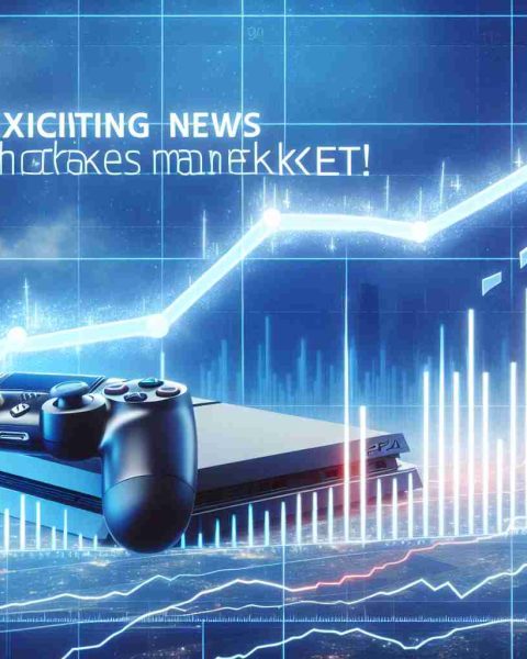 A realistic, high definition snapshot represents a stock market graph skyrocketing. The title of the image reads 'Exciting News Shakes the Market!'. A stylized version of a new generation game console is subtly incorporated in the graph itself. The backdrop features different shades of blues, indicating both the sky and financial prowess.