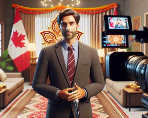 Realistic HD image of a male Canadian politician delivering a Diwali message, emphasizing the merger of tradition and modern technology. The setting is a tastefully decorated office with Indian cultural elements. He's seen in front of a camera setup, symbolizing the use of technology. This image should promote a sense of inclusivity, celebration, and modern adaptation of traditions.