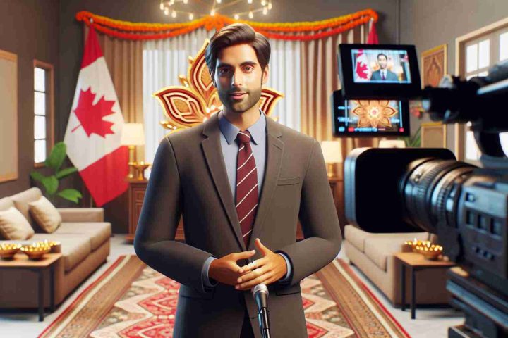 Realistic HD image of a male Canadian politician delivering a Diwali message, emphasizing the merger of tradition and modern technology. The setting is a tastefully decorated office with Indian cultural elements. He's seen in front of a camera setup, symbolizing the use of technology. This image should promote a sense of inclusivity, celebration, and modern adaptation of traditions.