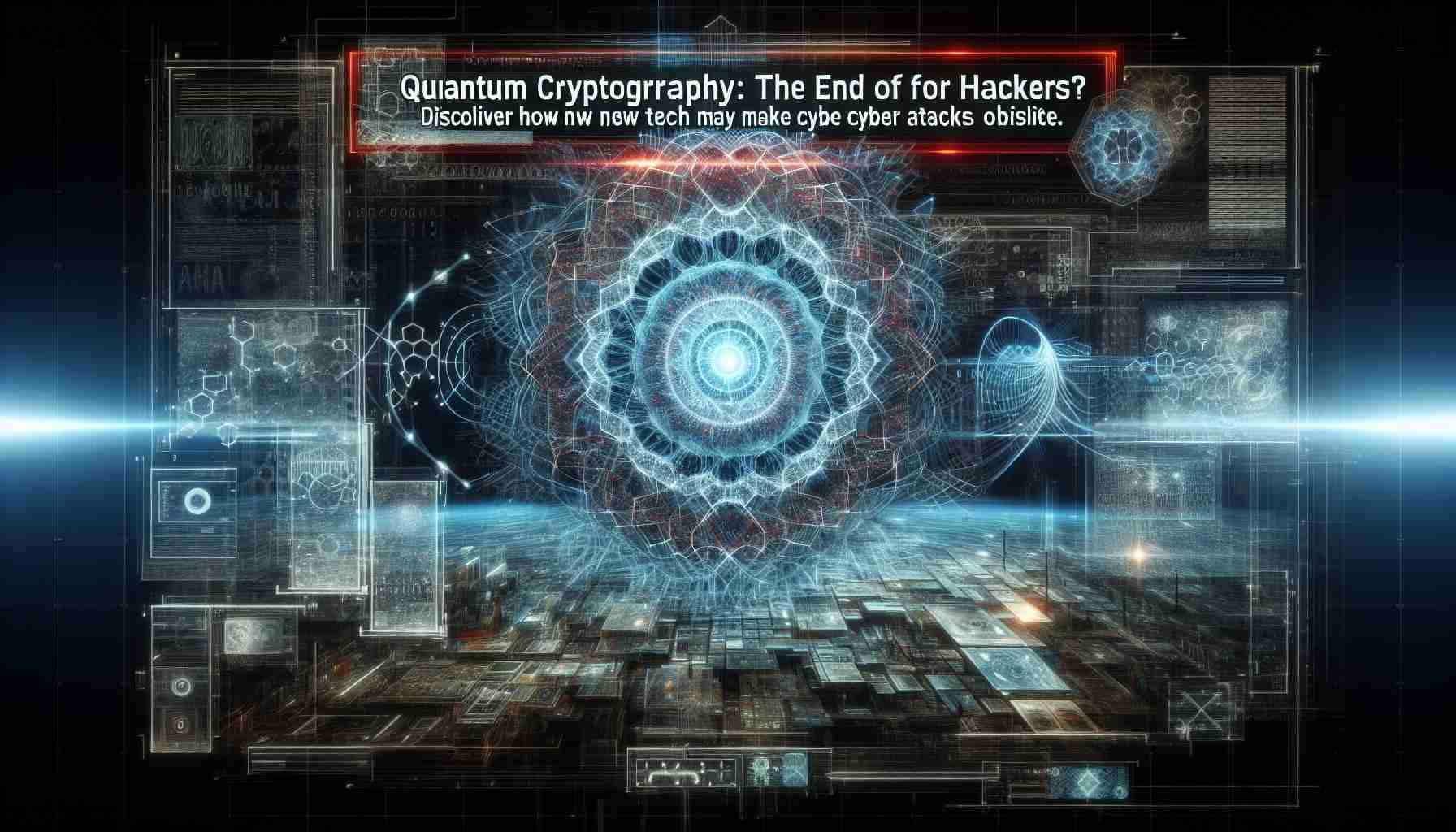 An intricate visual representation of quantum cryptography, emphasizing its potential to revolutionize the field of cybersecurity. Depict a high definition digital display of a intertwined quantum messaging network with advanced encryption mechanisms, surrounded by a futuristic digital environment. Across this complex scene, integrate a headline text, 'Quantum Cryptography: The End of Hackers? Discover How New Tech May Make Cyber Attacks Obsolete.'