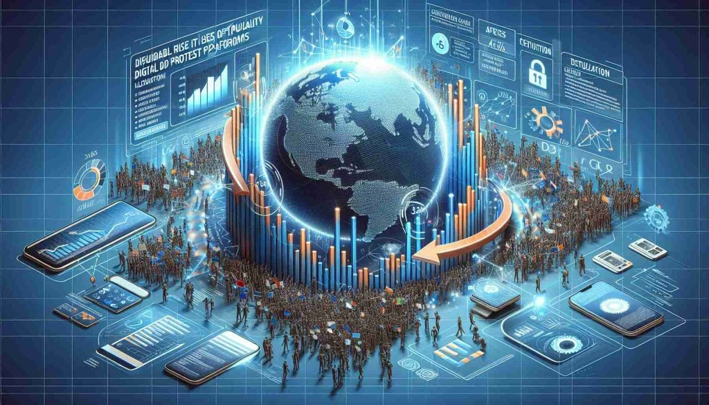 A credible and detailed high-definition illustration showing the sudden rise in the popularity of digital protest platforms. The illustration should include various statistics, graphs, and infographics explaining the reasons and effects behind this surge.