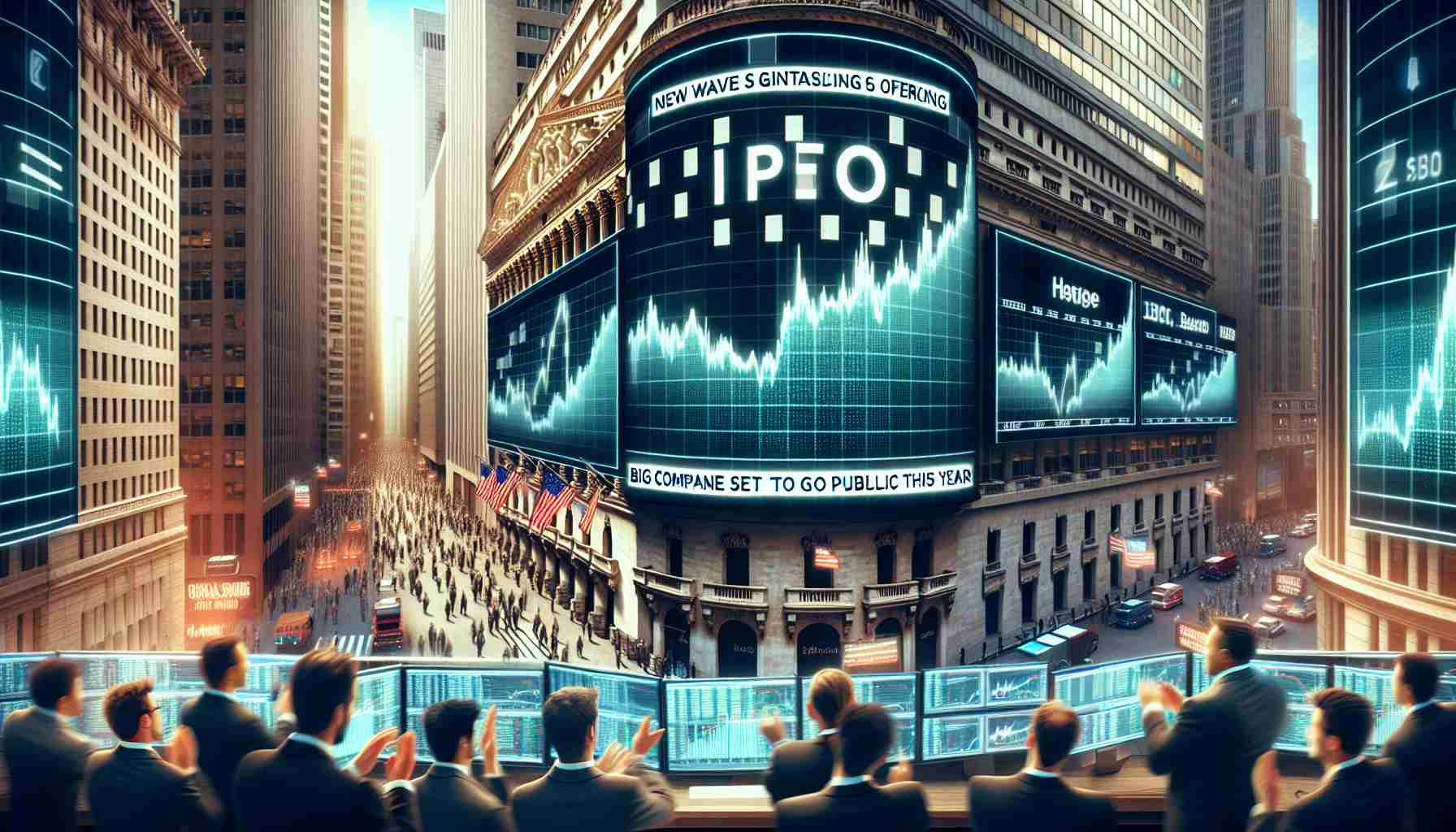 Generate a high-definition, realistic image showcasing the excitement and energy of Wall Street reacting to a new wave of Initial Public Offerings (IPOs). Include visuals like stock exchange screens displaying rising charts, traders enthusiastically engaged in buying and selling, and headlines on digital billboards announcing big companies set to go public this year.