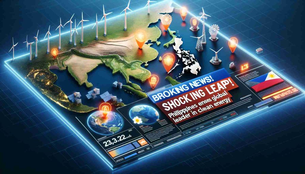 Realistic high-definition image showcasing a breaking news headline from an international news agency. The headline reads, 'Shocking Leap! Philippines Emerges as Global Leader in Clean Energy'. Accompanying the headline is a digital infographic highlighting the Philippines on a world map, surrounded by symbols of wind mills, solar panels, and hydroelectric dams to signify their achievements in renewable energy.