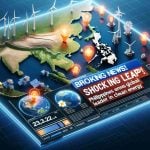 Realistic high-definition image showcasing a breaking news headline from an international news agency. The headline reads, 'Shocking Leap! Philippines Emerges as Global Leader in Clean Energy'. Accompanying the headline is a digital infographic highlighting the Philippines on a world map, surrounded by symbols of wind mills, solar panels, and hydroelectric dams to signify their achievements in renewable energy.