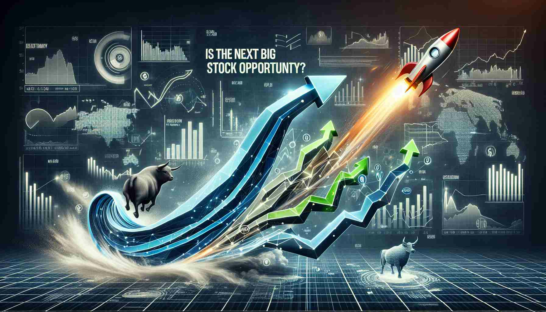 Generate a high-definition realistic image symbolizing a stock market opportunity. The focus should be on the generic concept of a rapidly rising stock, visually represented by a dramatic uphill slope or a rocket shooting upward. Other symbolic elements could include graphs, upward-pointing arrows, a bull (symbolizing a bullish market), or a green candlestick. Include the words 'Is the next big stock opportunity?' prominently in the design.